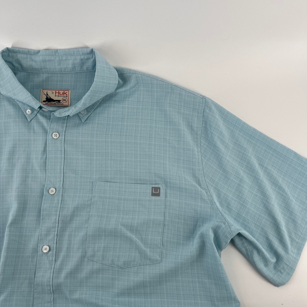 Huk‎ Fishing Button Up Shirt Light Blue Plaid Short Sleeve Mens XXL